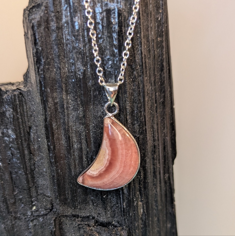 Beautiful moon rhodochrosite pendant with sterling silver chain